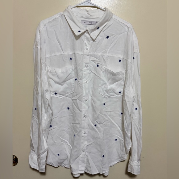 Billy T Tops - Billy T Elegant White Button-Down Shirt with Navy Star Accents